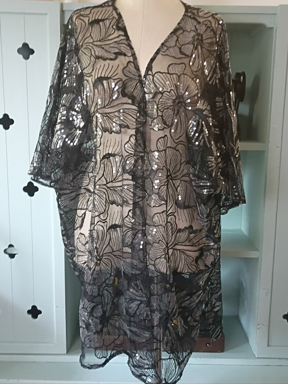 Black Poppies Sheer Sequined Kimono Wrap Top